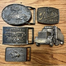 5 Vintage Brass Belt Buckles Levi&rsquo;s Chevrolet Strohs Semi Trucking Made In USA