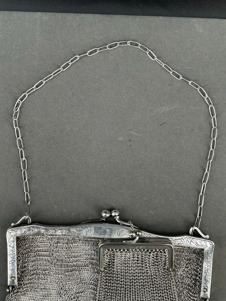 ANTIGUA Cartera Alemana PLATA Malla ORIGINAL Fecha 1915 GRABADA Nombre y Dirección Foto 4 de 4