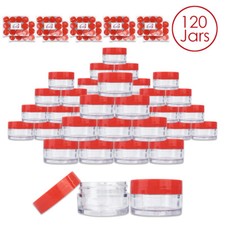 Beauticom 120 PCS 20G/20ML Round Clear Plastic Refill Jars with Red Lids