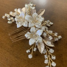 Bridal Hair Comb White Flowers Rose Gold Leaves Acrylic Crystals On Gold Stems