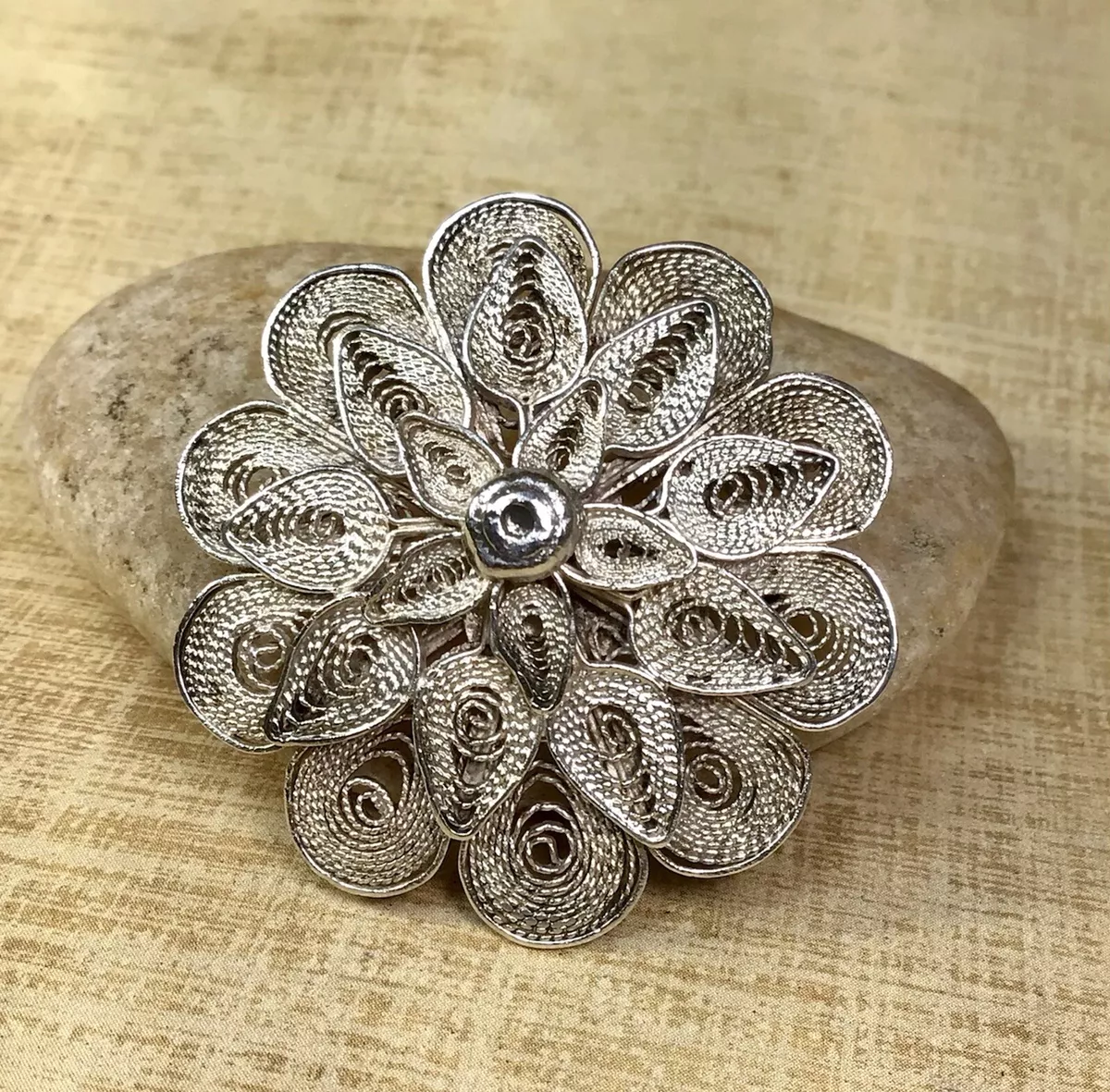 Vintage Antique Sterling Silver Filigree Flower Brooch Pin