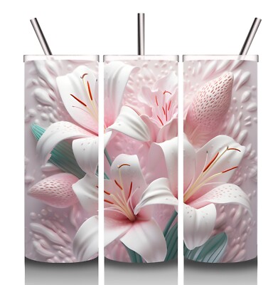 20oz  SKINNY STAINLESS STEEL TUMBLER Cup  . 3D Multi Color Flowers Floral Lilly 
