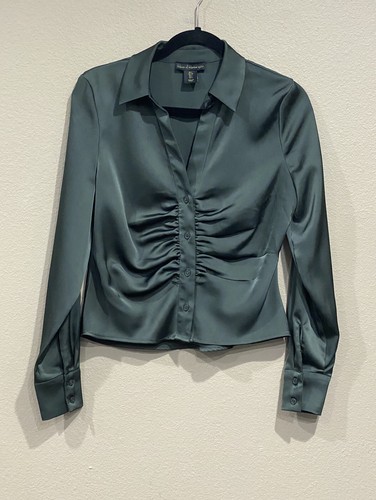 House of Harlow 1960 Button UP Top Womens small Satin Long Sleeve blouse GREEN - Picture 2 of 18