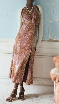 Free People Glitter & Gold Midi Lined Low Neckline Backless Slit Sequin Dress XS