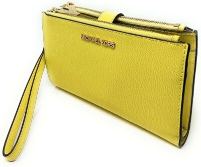 Michael Kors Double Zip Wristlet Sunshine Leather Yellow $228 Retail F 