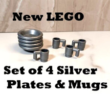 Nuevo Juego de Platos LEGO SILVER Lote de 4 Tazas 4 Platos Vajilla Cocina Plato de Vacaciones