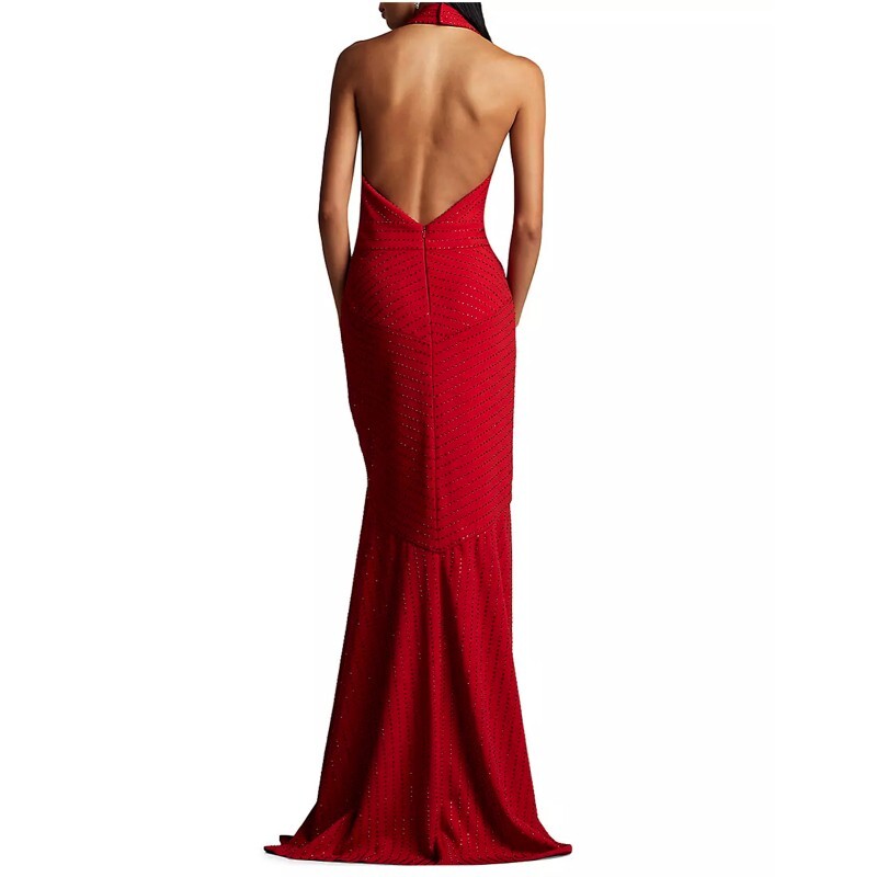 NWT TADASHI SHOJI VANIE Diamante Plunge Halter Gown Dress Lava red Size XL