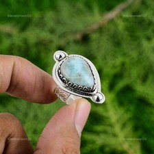 Natural Larimar Gemstone Statement Adjustable Ring 925 Sterling Silver For Girls