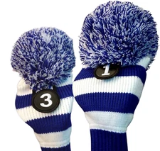 Majek Golf White and Blue Fairway Wood Head Covers 1 3 Set Knit Retro Pom