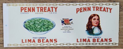 ADVERTISING Label Can Penn Treaty Lima Beans