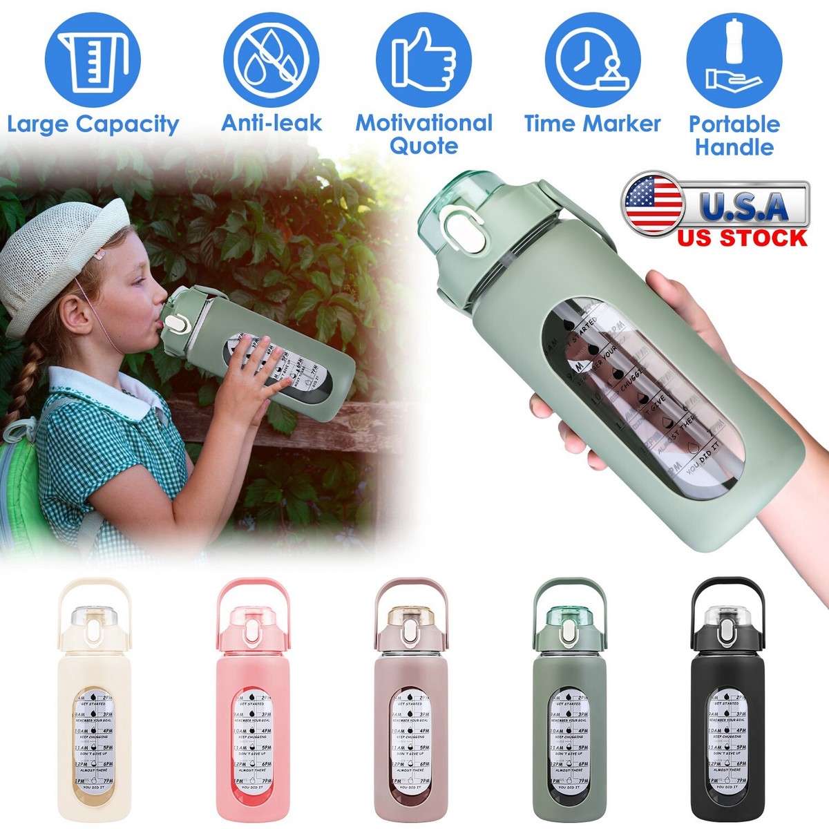 64Oz Glass Water Bottle w/ Straw Time Marker Motivational