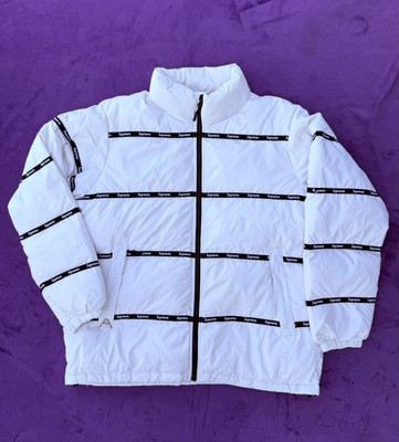 FW16 Supreme Logo Tape Puffy Jacket Size S Small Red Puffer Water