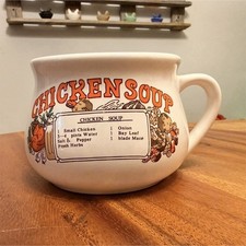 Chicken Soup Recipe Printed White Orange Ceramic Soup Mug Food Theme with Handle