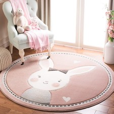 Carousel Collection 3' Round Pink/Ivory CRK166P Bunny Non-Shedding Nursery Pl...