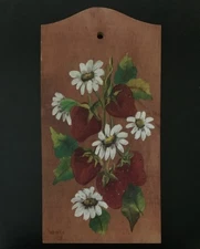 Vintage Hand Painted Strawberry & Flowers Wood Wall Plaque Cottage Core Signed