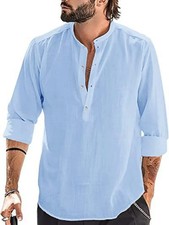 Men's Casual Long Sleeve Shirt Mandarin Collar Solid Color Loose Fit Pull