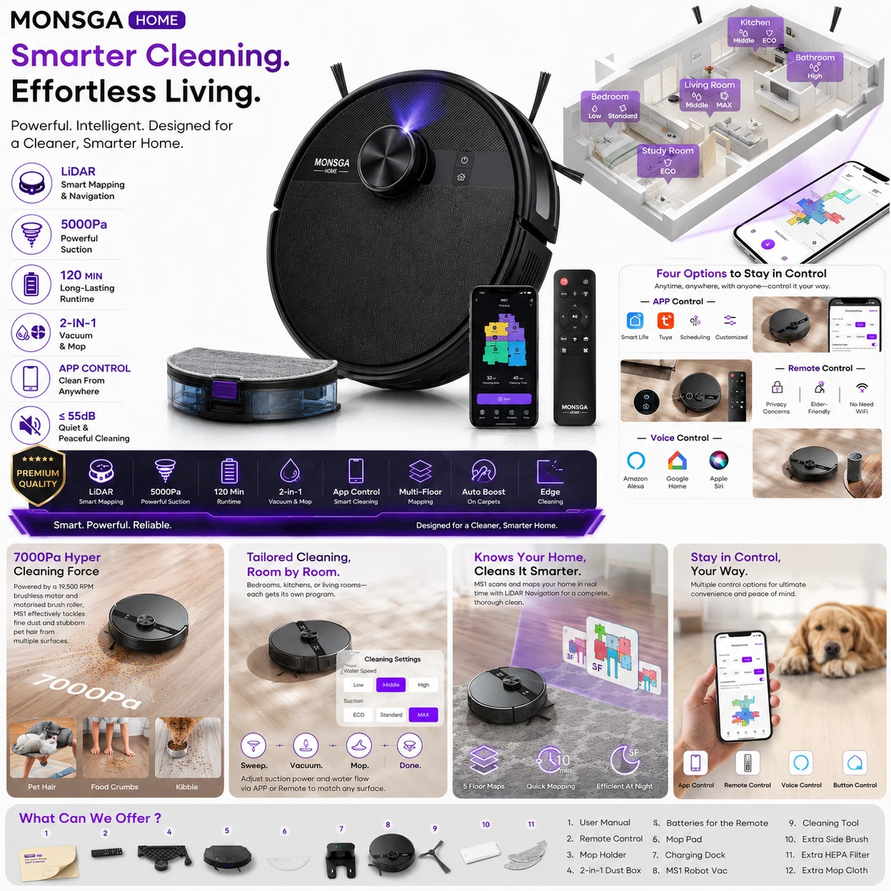 MONSGA Robot Vacuum Cleaner 7000Pa LiDAR Smart Mop App Control Alexa