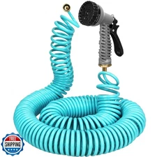 HEYTIMI 75 FT 3/8" Lightweight Coiled Garden Hose EVA Flexible wi