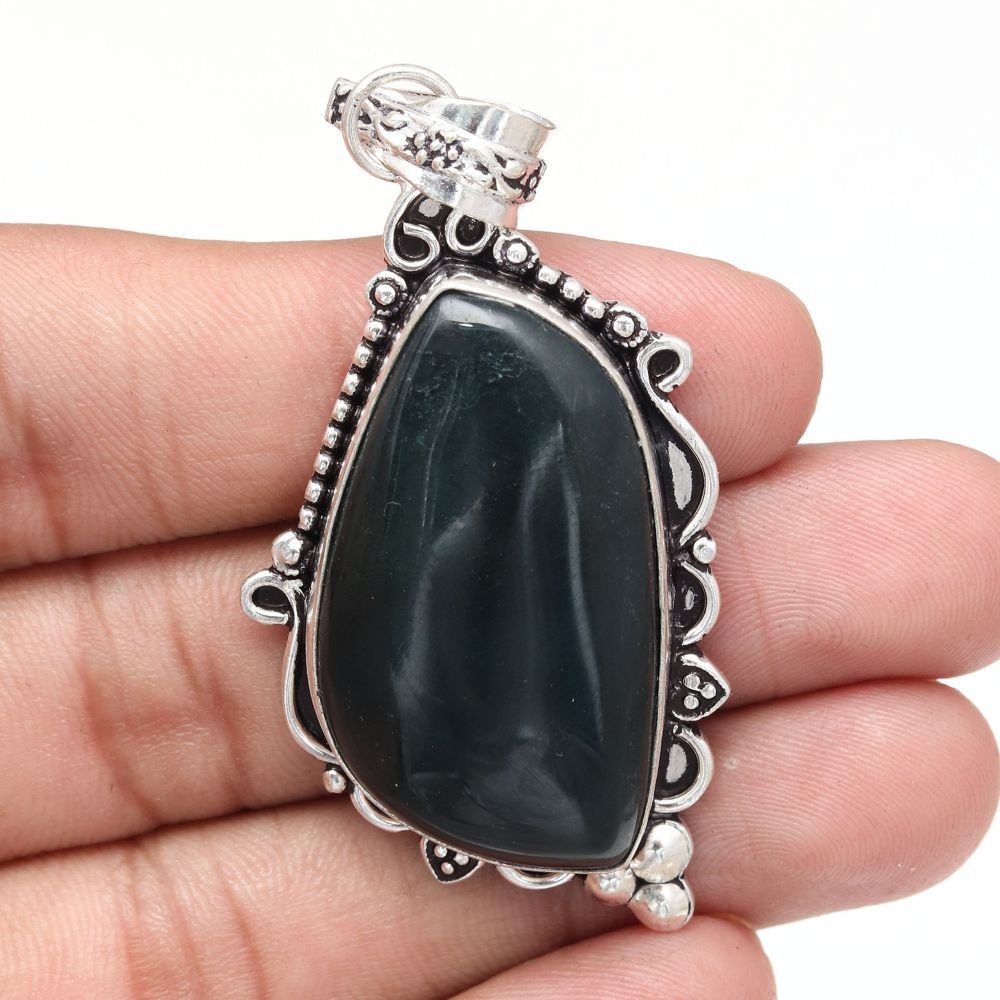 Black Spinal Gemstone Silver Pendant Handmade Jewelry for Mother's Day 2.5 Inch