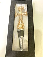 Cooper Tone faux white pearls rhinestone Cross Wine Bottle Stopper