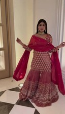 Designer Faux Georgette Red Top Palazzo With Dupatta For Functional Wear