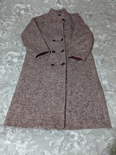 Vintage Tesco Herringbone Tweed Coat  Size 14 Made In England Burgundy/White