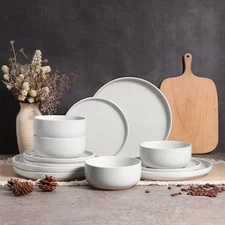 Vesteel 12-Piece Dinnerware Set, Speckled Stoneware with Sesame Dot Design,