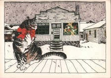 Christmas Cats Karen Blessen Cat with Red Bow, Snowy House, Stars 1983 Santa Ana
