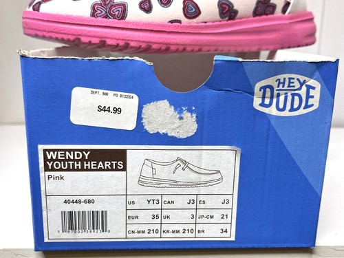 Hey Dude Wendy Youth Hearts Shoes Pink Valentine’s Day Size 3 YT3 Slip On - Picture 7 of 7