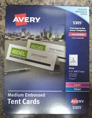 Avery 5305 Laser & Ink Jet2-1/2''x 8-1/2'' White Tent Cards Embossed 100ctD6V9Y2S8