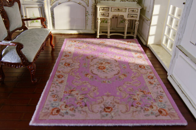 1/12 Scale Victorian Purple Aubusson Design Miniature Rug French Swilrs Roses 1/12 Scale Victorian Purple Aubusson Design Miniature Rug French Swilrs Roses