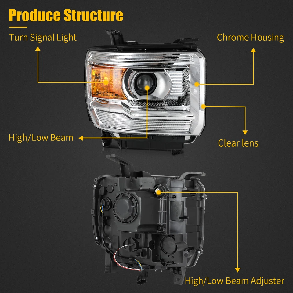 Headlights For 2015-2019 GMC Sierra 2500HD 3500HD Chrome Amber L+R Foto 2 de 4