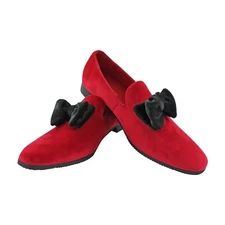 Red Velvet Tuxedo Dress Shoes Slip On Mens Loafer Velvet Bow On Top By AZAR MAN
