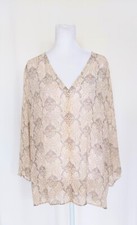 Saint Tropez West Semi Sheer Balloon Sleeve Blouse Size XL Geometric Print Tan