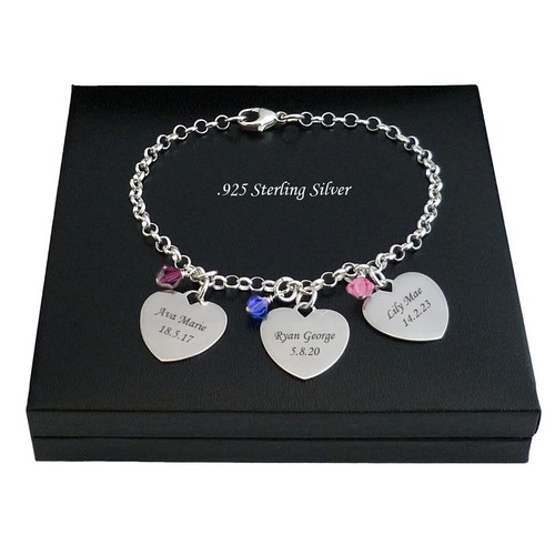 925 Silber Bettelarmband Mit Kinder Namen Graviert Auf Herzen & Glücksstein - Bild 15 von 15