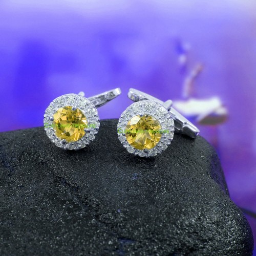 Natural Citrine & CZ Gemstones with 925 sterling silver Cufflinks For Men's #678 - Picture 2 of 3