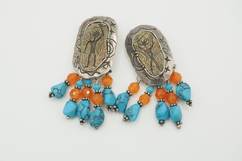 VTG Tribal Southwest Kachina sterling silver turquoise agate dangle clip earring - Picture 2 of 5