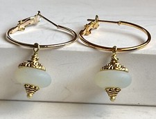 Gold Lever Back Hoops Dangle Earrings. Ocean. White African Sea Glass.