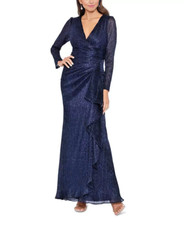 Betsy & Adam Women's Petite Metallic-Knit Long-Sleeve Gown Formal Dress Navy 8P
