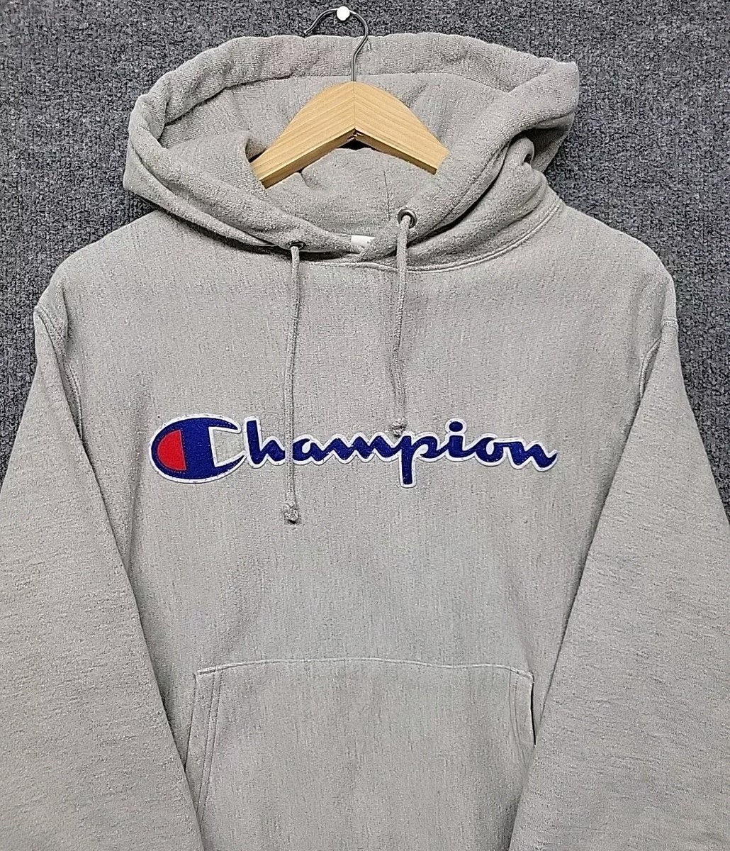 VINTAGE Champion Hoodie Mens Medium Gray Reverse Weave Raised Logo