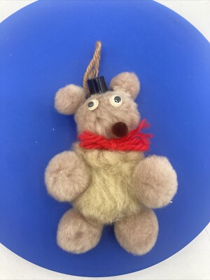 Handmade Pom Pom Teddy Bear Christmas Ornament Top Hat Googly Eyes Red Bow