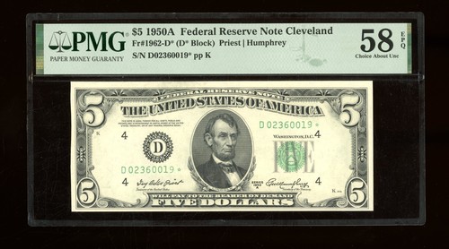 DBR 1950-A $5 FRN Cleveland STAR Fr. 1962-D* PMG 58 EPQ Serial D02360019*