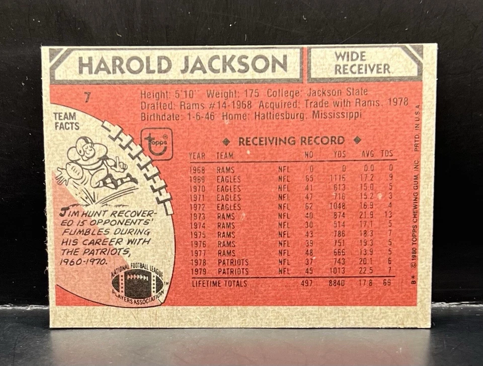 HAROLD JACKSON 1980 Topps New England Boston Patriots Eagles Rams Jackson State - Image 2 of 2