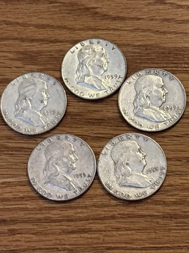 Lot of 5 Benjamin Franklin Half Dollars 90% fine Silver 1953 S,D,P  1959 D,P