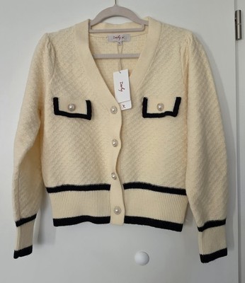  Derhy Cardigan Strickjacke Creme/Weiß Gr. XL Neu mit Etikett Perlen-Chanel-Look