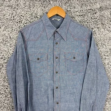 Vintage 70s Landlubber Shirt Mens Medium Blue Chambray Western Pearl Snap USA