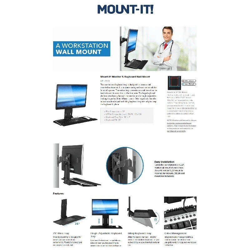 Height Adjustable Wall Mount Keyboard Tray Monitor Platform with Mouse Pad
