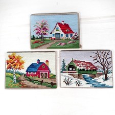 Vintage Needlepoint Seasonal Trio Fall Winter Spring Bridge Barn 5x7 Ready Frame