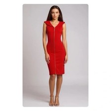 Calvin Klein Red Sheath Dress Off Shoulder Neckline Gold Front Full Zipper 6