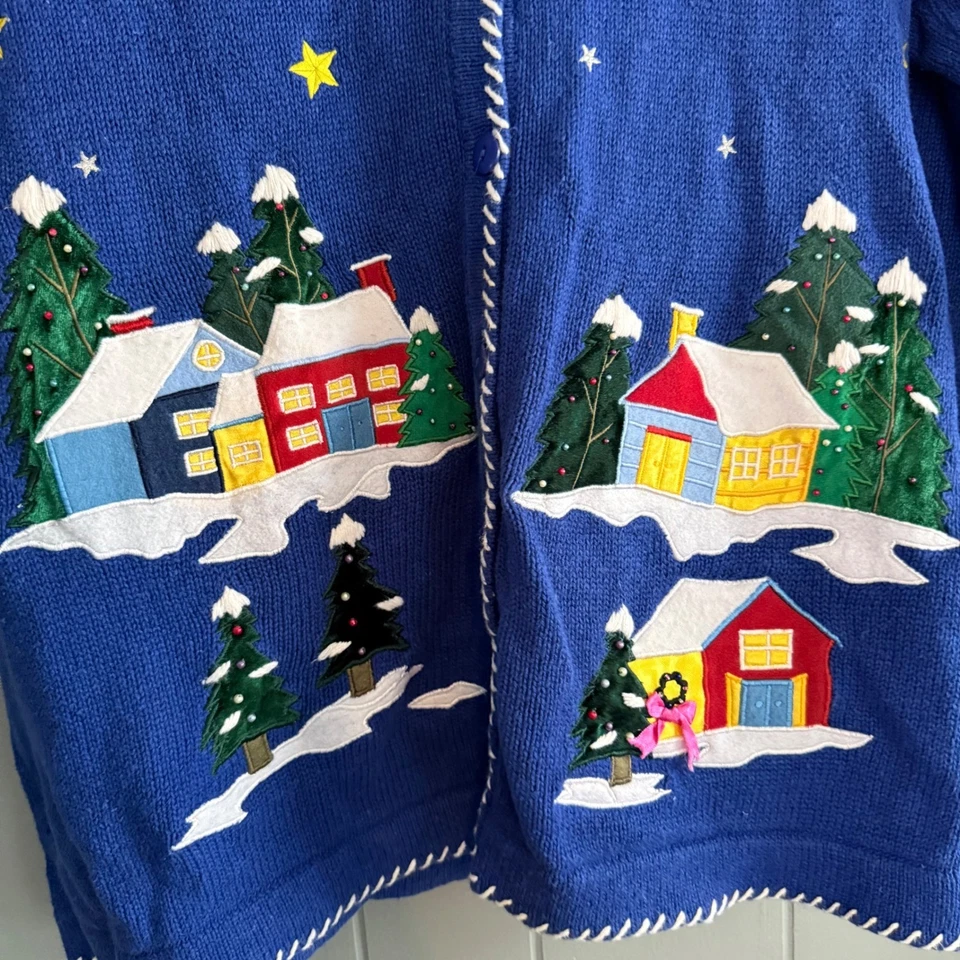 Quacker Factory Christmas Village Cardigan Sweater Blue Size L - Image 3 of 4